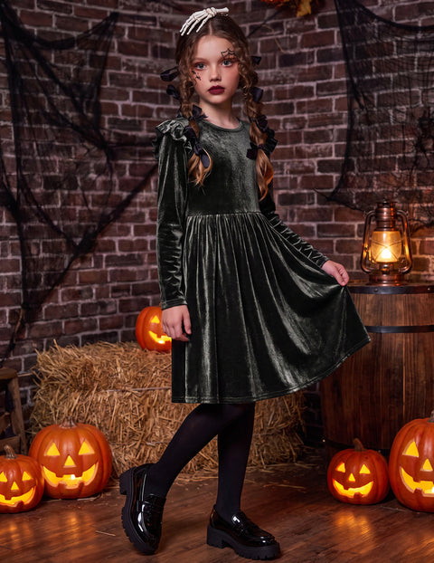 Girls Velvet Dress Flutter Long Sleeve A-Line Formal Dress with Pockets - Black