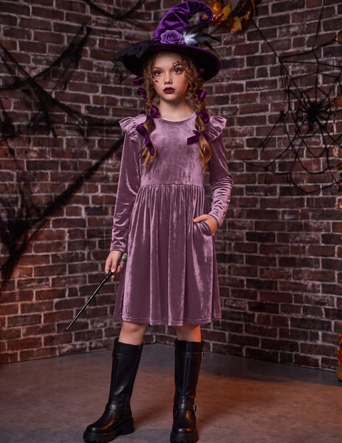 Girls Velvet Dress Flutter Long Sleeve A-Line Formal Dress with Pockets - Fuchsia