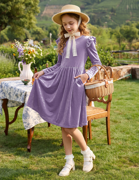 Girls Velvet Dress Flutter Long Sleeve A-Line Formal Dress with Pockets - Lavender