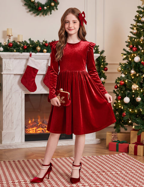 Girls Velvet Dress Flutter Long Sleeve A-Line Formal Dress with Pockets - Red