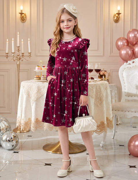 Girls Velvet Dress Flutter Long Sleeve A-Line Formal Dress with Pockets - Star Wine Red