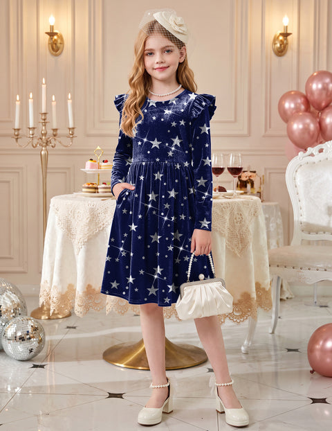 Girls Velvet Dress Flutter Long Sleeve A-Line Formal Dress with Pockets - Star Navy Blue