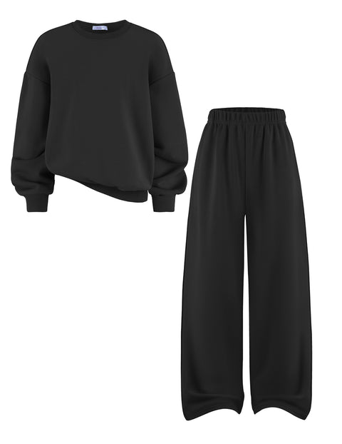 Girls 2 Piece Sweatsuit Set Crewneck Sweatshirt and Wide Leg Sweatpants - Black