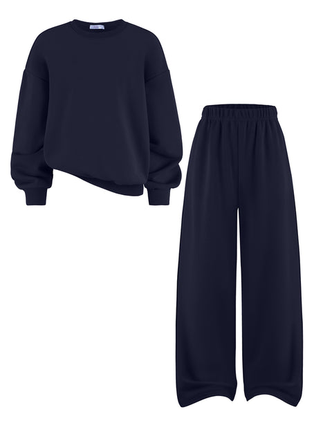 Girls 2 Piece Sweatsuit Set Crewneck Sweatshirt and Wide Leg Sweatpants - Dark Blue