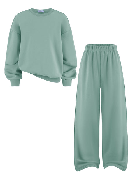 Girls 2 Piece Sweatsuit Set Crewneck Sweatshirt and Wide Leg Sweatpants - Light Green