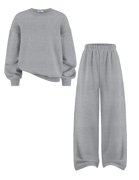 Girls 2 Piece Sweatsuit Set Crewneck Sweatshirt and Wide Leg Sweatpants - Light Grey