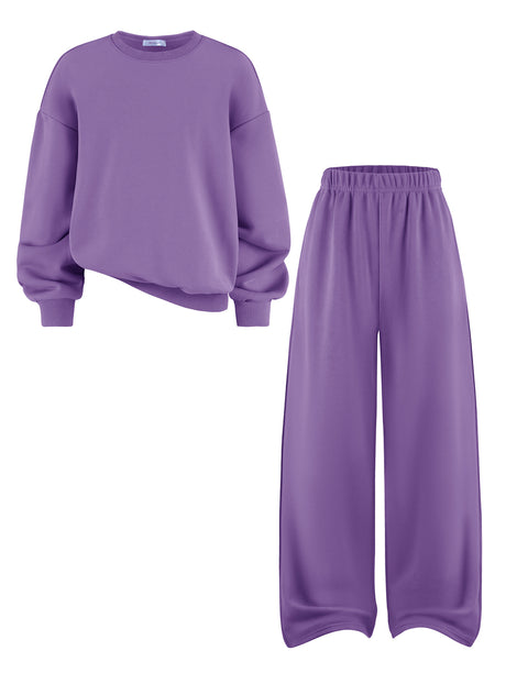 Girls 2 Piece Sweatsuit Set Crewneck Sweatshirt and Wide Leg Sweatpants - Light Purple