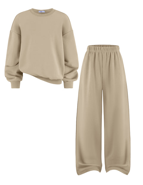 Girls 2 Piece Sweatsuit Set Crewneck Sweatshirt and Wide Leg Sweatpants - Camel