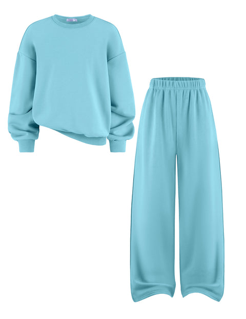 Girls 2 Piece Sweatsuit Set Crewneck Sweatshirt and Wide Leg Sweatpants - Ice Blue