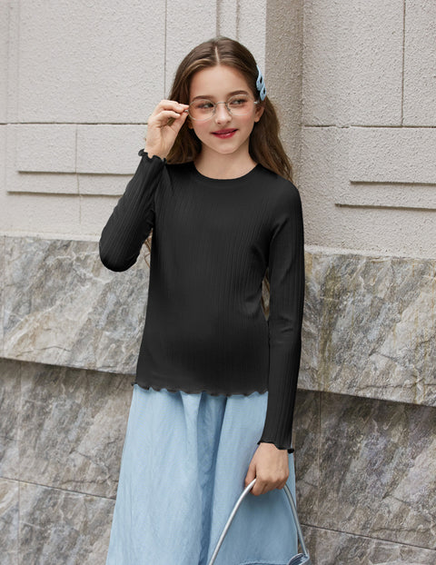 Girls Lettuce Trim Long Sleeve Ribbed Knit Crewneck Layering Top - Black