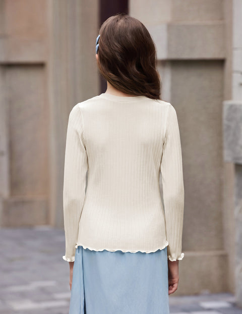 Girls Lettuce Trim Long Sleeve Ribbed Knit Crewneck Layering Top - Beige