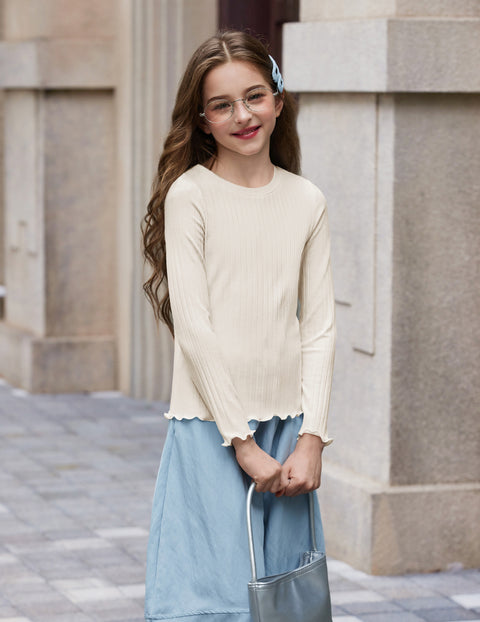 Girls Lettuce Trim Long Sleeve Ribbed Knit Crewneck Layering Top - Beige