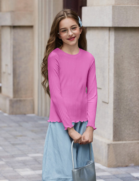 Girls Lettuce Trim Long Sleeve Ribbed Knit Crewneck Layering Top - PC