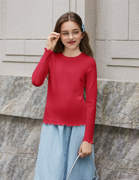 Girls Lettuce Trim Long Sleeve Ribbed Knit Crewneck Layering Top - Red