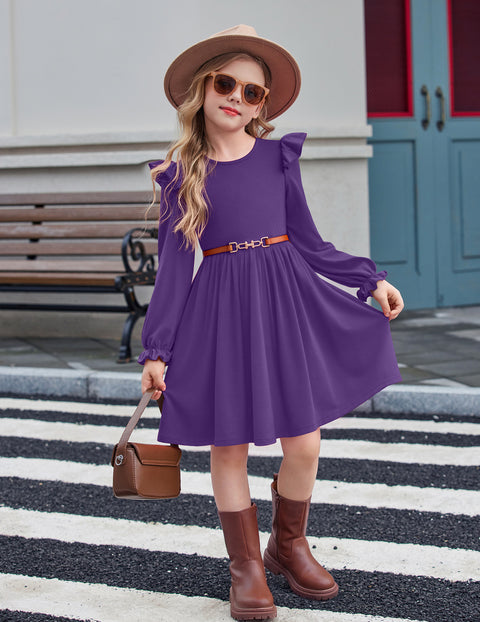 Girls Puff Long Sleeve Dress Flutter Shoulder Pleated Fall Dress with Pocket - Purple