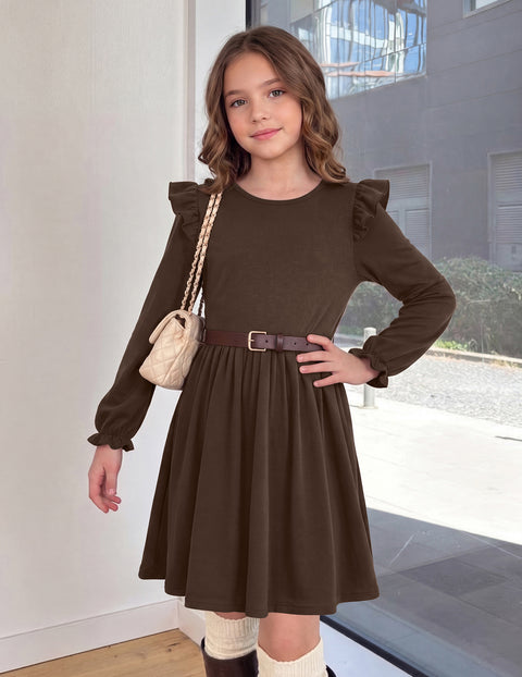 Girls Puff Long Sleeve Dress Flutter Shoulder Pleated Fall Dress with Pocket - Coffee