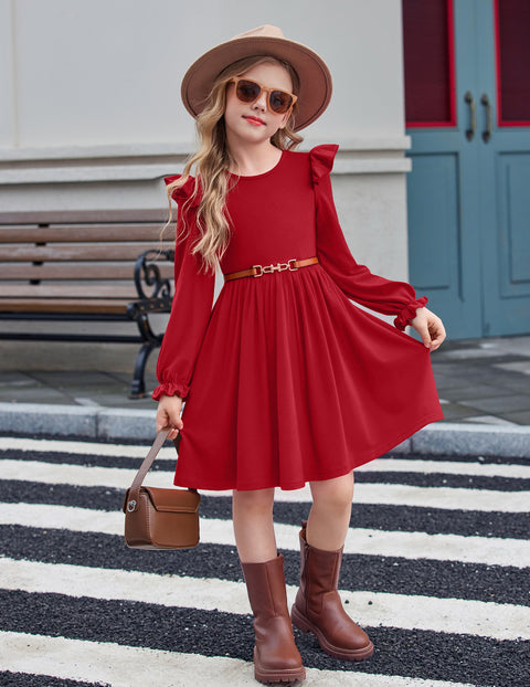 Girls Puff Long Sleeve Dress Flutter Shoulder Pleated Fall Dress with Pocket - Red