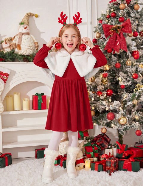 Girls Puff Long Sleeve Dress Flutter Shoulder Pleated Fall Dress with Pocket - Red