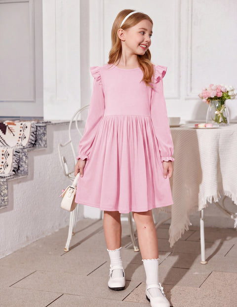 Girls Puff Long Sleeve Dress Flutter Shoulder Pleated Fall Dress with Pocket - Pink
