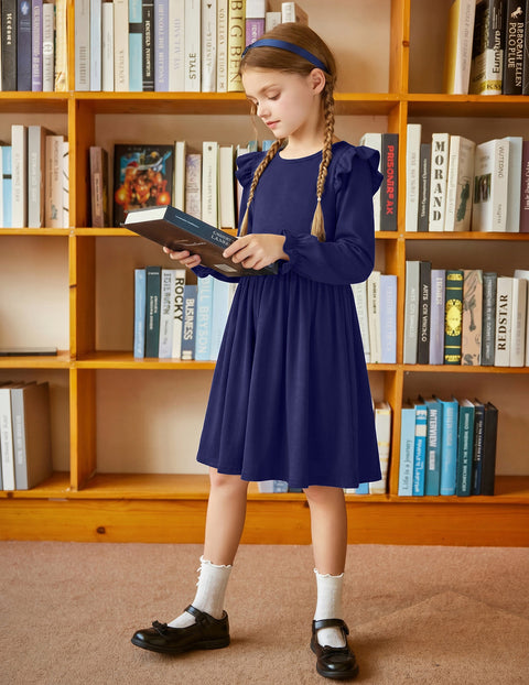 Girls Puff Long Sleeve Dress Flutter Shoulder Pleated Fall Dress with Pocket - Navy Blue