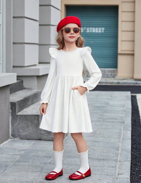Girls Puff Long Sleeve Dress Flutter Shoulder Pleated Fall Dress with Pocket - White