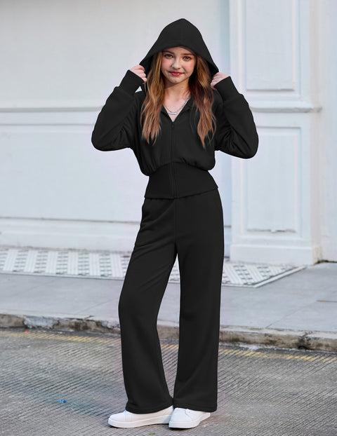 Girls 2 Piece Sweatsuit Zip Up Hoodie with Thumbholes and Wide Leg Pants - Black