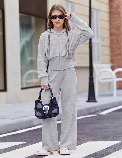 Girls 2 Piece Sweatsuit Zip Up Hoodie with Thumbholes and Wide Leg Pants - Grey
