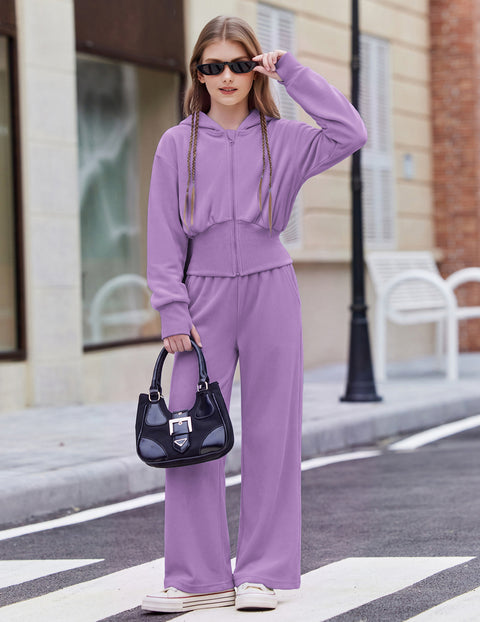 Girls 2 Piece Sweatsuit Zip Up Hoodie with Thumbholes and Wide Leg Pants - Lilac Purple