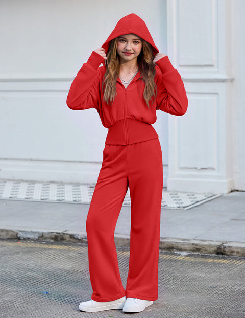 Girls 2 Piece Sweatsuit Zip Up Hoodie with Thumbholes and Wide Leg Pants - Red
