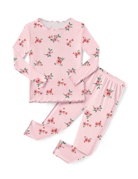 Girls Long Sleeve Pajama Set Snug Fit Lettuce Trim 2-Piece Sleepwear - Red Flower
