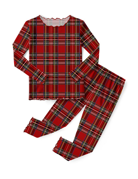 Girls Long Sleeve Pajama Set Snug Fit Lettuce Trim 2-Piece Sleepwear - Red Plaid