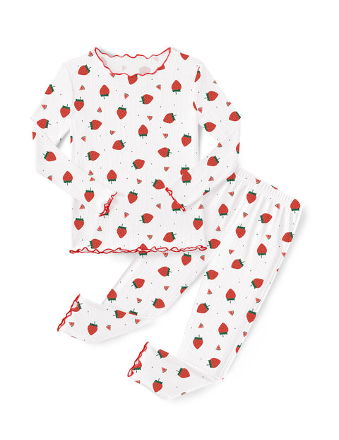 Girls Long Sleeve Pajama Set Snug Fit Lettuce Trim 2-Piece Sleepwear - Strawberry