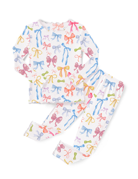 Girls Long Sleeve Pajama Set Snug Fit Lettuce Trim 2-Piece Sleepwear - Colorful Bow