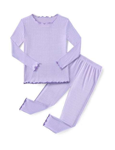 Girls Long Sleeve Pajama Set Snug Fit Lettuce Trim 2-Piece Sleepwear - LAR