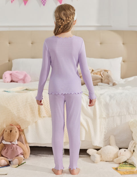 Girls Long Sleeve Pajama Set Snug Fit Lettuce Trim 2-Piece Sleepwear - LAR