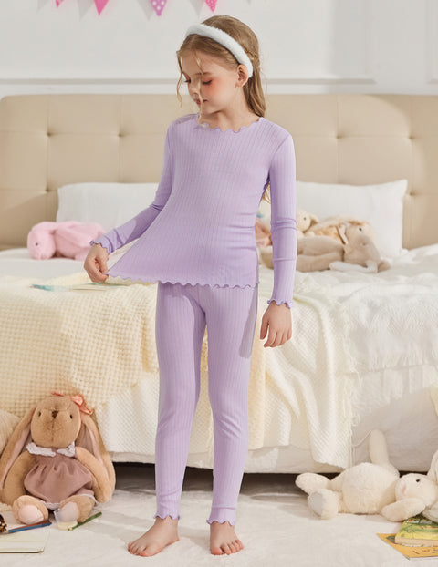 Girls Long Sleeve Pajama Set Snug Fit Lettuce Trim 2-Piece Sleepwear - LAR