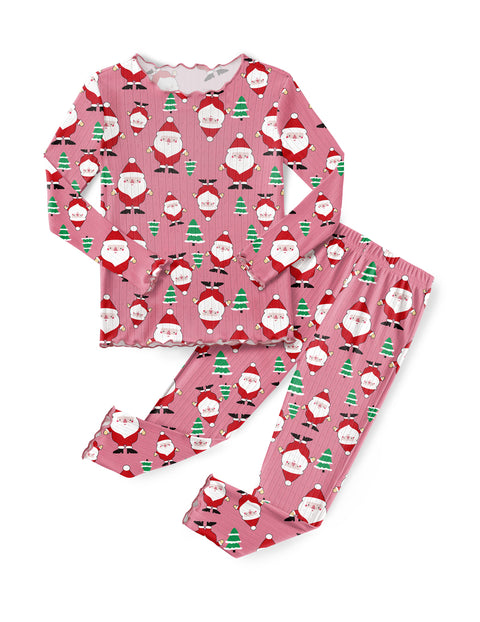 Girls Long Sleeve Pajama Set Snug Fit Lettuce Trim 2-Piece Sleepwear - Santa Claus