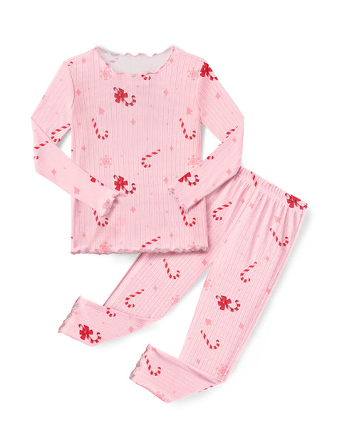 Girls Long Sleeve Pajama Set Snug Fit Lettuce Trim 2-Piece Sleepwear - Pink Christmas