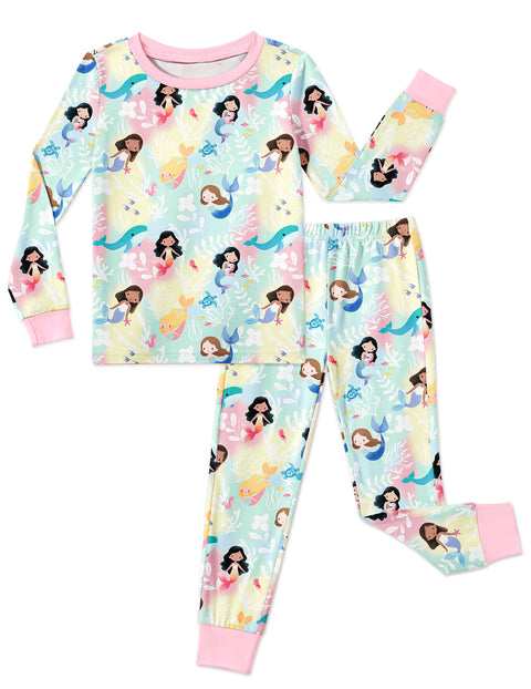 Girls Long Sleeve Pajama Set Snug Fit 2-Piece Tag-Free Sleepwear - Yellow Green Ocean