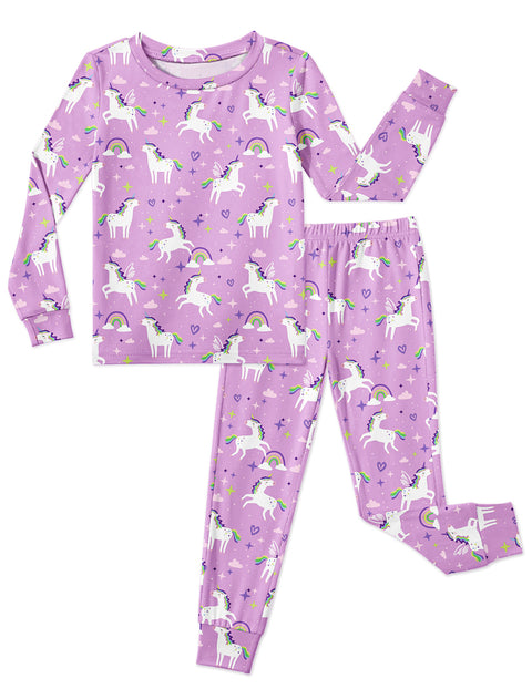 Girls Long Sleeve Pajama Set Snug Fit 2-Piece Tag-Free Sleepwear - Purple Cartoon Pony