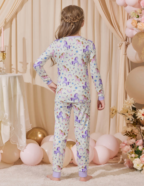 Girls Long Sleeve Pajama Set Snug Fit 2-Piece Tag-Free Sleepwear - Purple Cartoon Pony