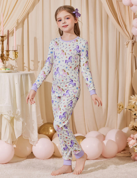 Girls Long Sleeve Pajama Set Snug Fit 2-Piece Tag-Free Sleepwear - Purple Cartoon Pony
