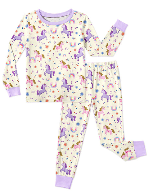 Girls Long Sleeve Pajama Set Snug Fit 2-Piece Tag-Free Sleepwear - White Cartoon Pony
