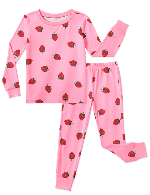 Girls Long Sleeve Pajama Set Snug Fit 2-Piece Tag-Free Sleepwear - Pink Strawberries