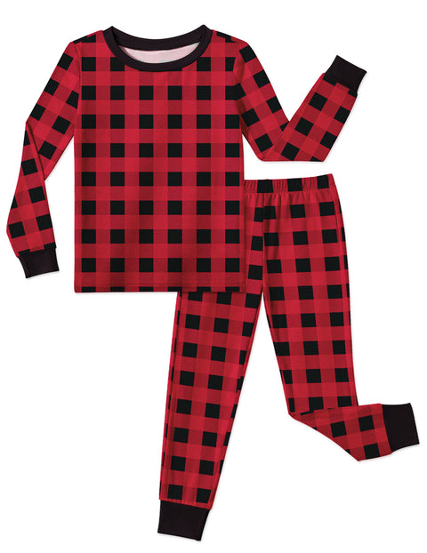 Girls Long Sleeve Pajama Set Snug Fit 2-Piece Tag-Free Sleepwear - Red Black Plaid