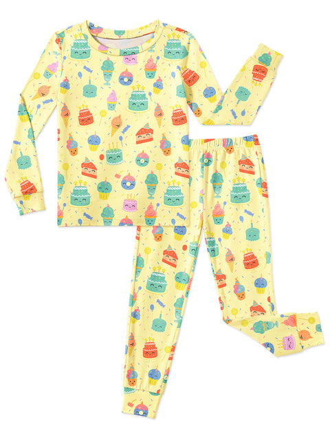 Girls Long Sleeve Pajama Set Snug Fit 2-Piece Tag-Free Sleepwear - Yellow Ice Cream