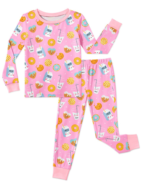 Girls Long Sleeve Pajama Set Snug Fit 2-Piece Tag-Free Sleepwear - Pink Milk Donuts