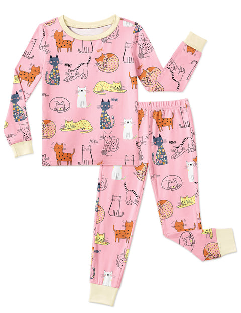 Girls Long Sleeve Pajama Set Snug Fit 2-Piece Tag-Free Sleepwear - Pink Cat