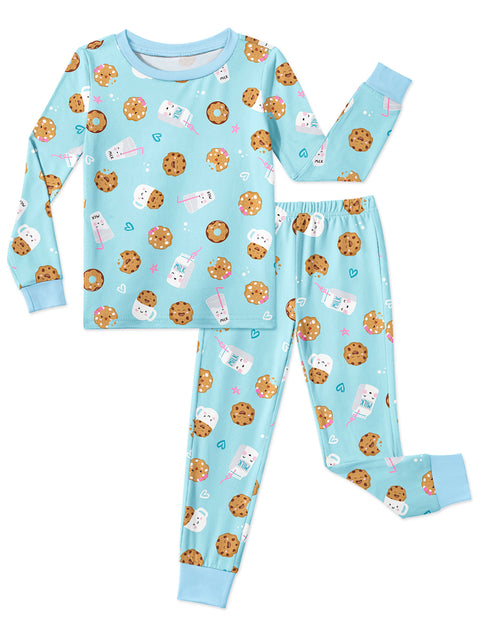 Girls Long Sleeve Pajama Set Snug Fit 2-Piece Tag-Free Sleepwear - Blue Cookies