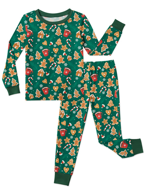 Girls Long Sleeve Pajama Set Snug Fit 2-Piece Tag-Free Sleepwear - Green Christmas